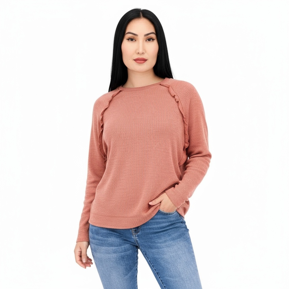 89th +‎ Maddison Women Rusty Red Micro Stripe Ruffle Crew Neck Long Sleeve